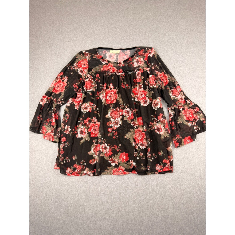 Bobbie Brooks Red Floral Mesh Bell Sleeve Empire Waist Blouse Medium